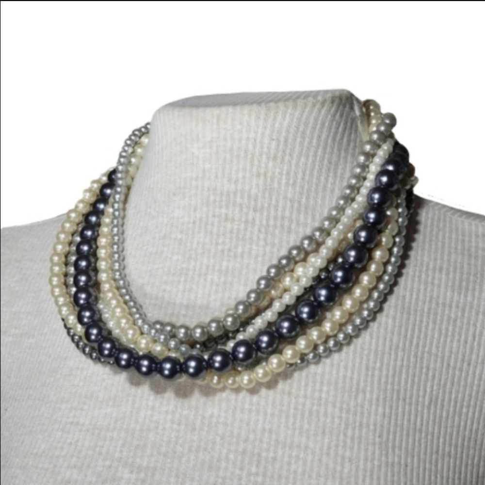 Pearl Choker 7 Strand Faux Necklace Gray